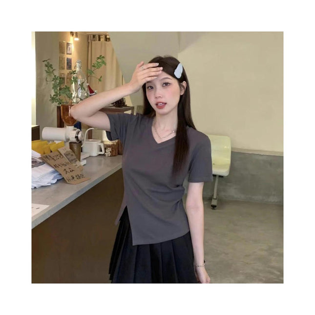 Women V Neck Short Sleeve Ruched Crop Tops Slim Fit Side Slit T-Shirts
