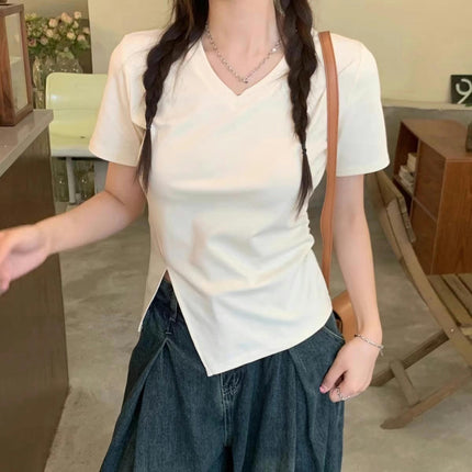 Women V Neck Short Sleeve Ruched Crop Tops Slim Fit Side Slit T-Shirts