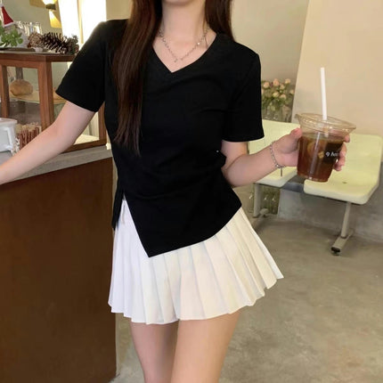 Women V Neck Short Sleeve Ruched Crop Tops Slim Fit Side Slit T-Shirts