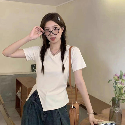 Women V Neck Short Sleeve Ruched Crop Tops Slim Fit Side Slit T-Shirts