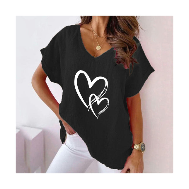 Women Casual V Neck Cotton Linen Tops Loose Fit Short Sleeve Printed Summer Tee Shirt