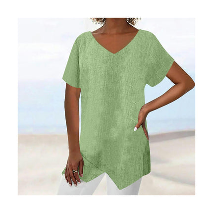 Womens Short Sleeve V Neck Shirts Asymmetrical Hem Cotton Linen Tops