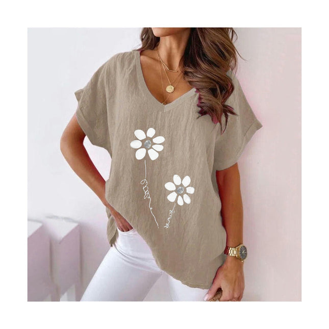 Womens Printed Batwing Short Sleeve Cotton Linen Summer Shirts V-Neck T-Shirt Loose Tops