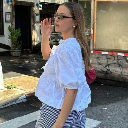 Womens Tie Front Crew Neck Ruffle Hem Puff Short Sleeve Cropped Top Babydoll Blouse