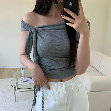 Women's Off Shoulder Ruched Blouse Short Sleeve Slim Fit Crop Tops