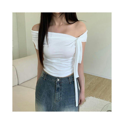 Women's Off Shoulder Ruched Blouse Short Sleeve Slim Fit Crop Tops