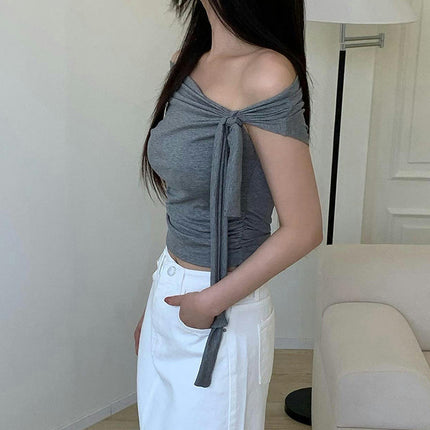 Women's Off Shoulder Ruched Blouse Short Sleeve Slim Fit Crop Tops