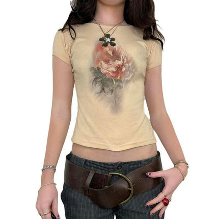 Women Crewneck Print Short Sleeve Crop Tops Summer Slim Fit T-Shirts