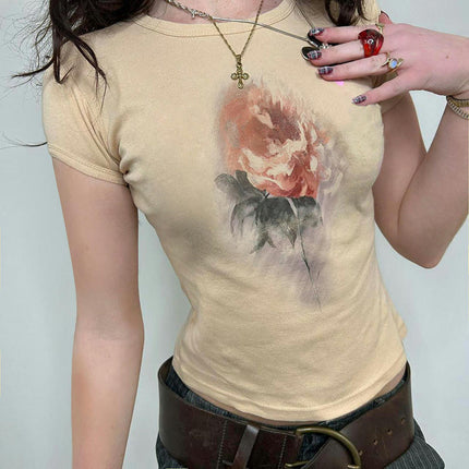 Women Crewneck Print Short Sleeve Crop Tops Summer Slim Fit T-Shirts