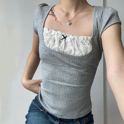 Women Lace Splicing Crop Top Short Sleeve Square Neck Slim Fit Ribbed Knit T-Shirt