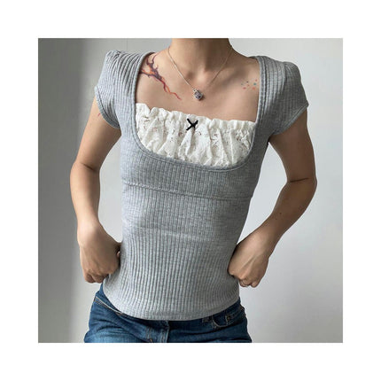 Women Lace Splicing Crop Top Short Sleeve Square Neck Slim Fit Ribbed Knit T-Shirt
