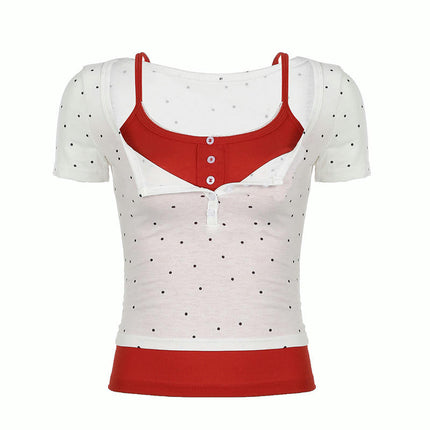 Women Lace Splicing Crop Top Short Sleeve Square Neck Slim Fit Ribbed Knit T-Shirt