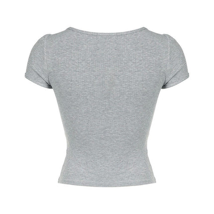Women Lace Splicing Crop Top Short Sleeve Square Neck Slim Fit Ribbed Knit T-Shirt