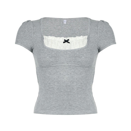 Women Lace Splicing Crop Top Short Sleeve Square Neck Slim Fit Ribbed Knit T-Shirt