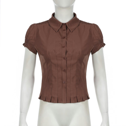 Women's Pleated Button Down Shirt Short Sleeve Crop Tops Slim Fit Casual Shirt