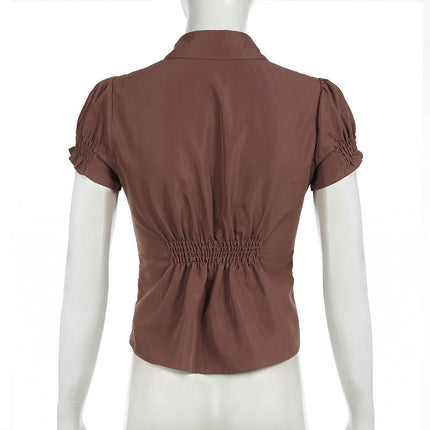 Women's Pleated Button Down Shirt Short Sleeve Crop Tops Slim Fit Casual Shirt