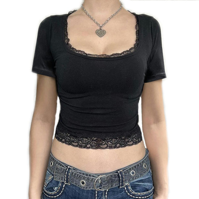 Women's Short Sleeve Crop Tops Casual Basic Lace Trim Square Neck Tight T Shirts
