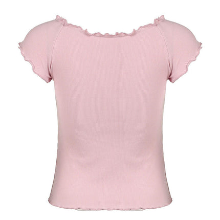 Womens Short Sleeve Crop Tops Square Neck Ruffled Lettuce Trim Slim Fit Summer Shirts