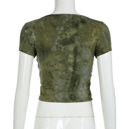 Womens Square Neck Short Sleeve Shirt Cut Out Crop Tops Tie Dye Going Out Tops