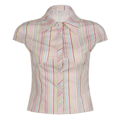 Women Striped Button Down Shirts V Neck Collared Tops Short Sleeve Slim Fit Shirt