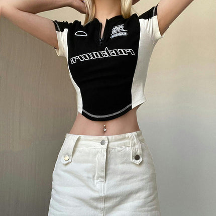 Women's Running Slim Zipper Crew Neck Fitness Short Sleeve Sports Tops