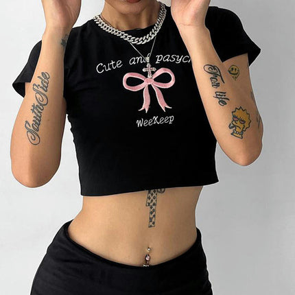 Women's Embroidery Slim Fit Tee Crop Top Short Sleeve Round Neck T Shirts