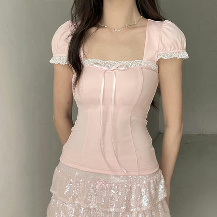 Women's Slim Fit Lace Trim Square Neck T-Shirt Cap Sleeve Summer Crop Top