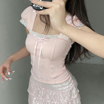 Women's Slim Fit Lace Trim Square Neck T-Shirt Cap Sleeve Summer Crop Top
