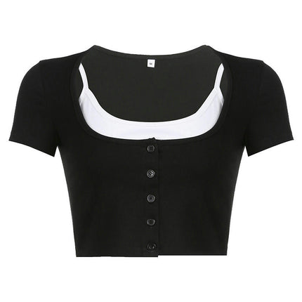 Women Patchwork Crop Top Tee Short Sleeve Square Neck Shirt Vintage Casual T-Shirt