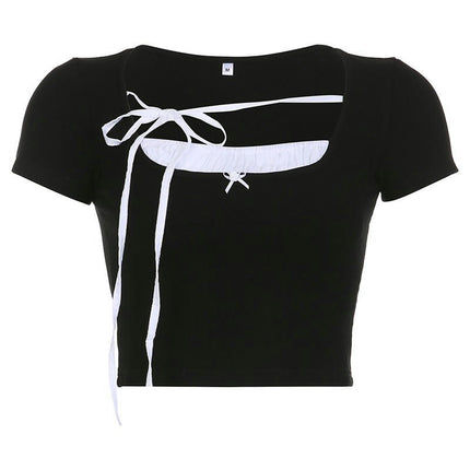 Women Patchwork Crop Top Tee Short Sleeve Square Neck Shirt Vintage Casual T-Shirt
