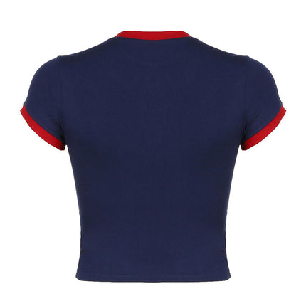 Women's Summer Short Sleeve T Shirts Crew Neck Color Block Slim Fit Basic Crop Tops