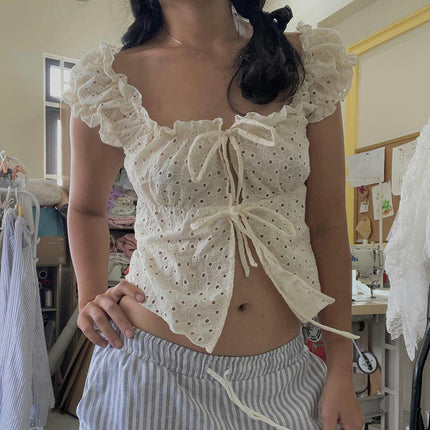 Women's Hollow Tie Front Crop Tops Ruffle Short Sleeve Square Neck Summer Shirts