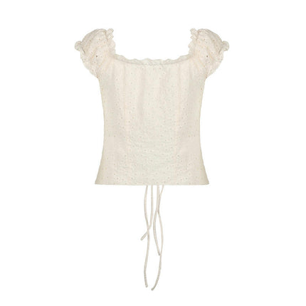 Women's Hollow Tie Front Crop Tops Ruffle Short Sleeve Square Neck Summer Shirts