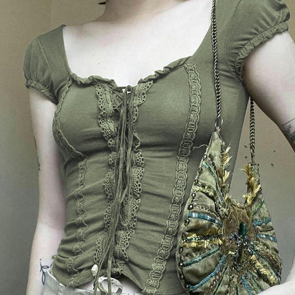 Women Short Sleeve Crop Tops Lace Trim Tie Front T-Shirt Square Neck Fitted Shirts