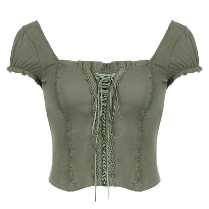 Women Short Sleeve Crop Tops Lace Trim Tie Front T-Shirt Square Neck Fitted Shirts