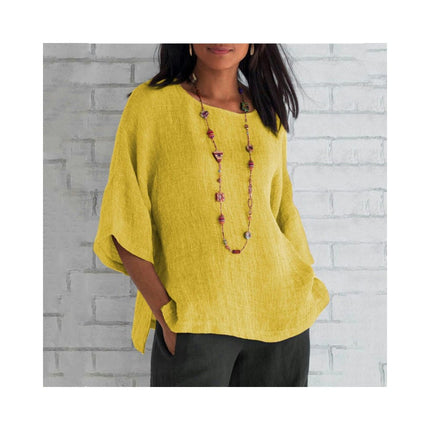 Women's Casual Cotton Linen Shirts 3/4 Sleeve Crew Neck Loose Fit T Shirts Side Split Tops