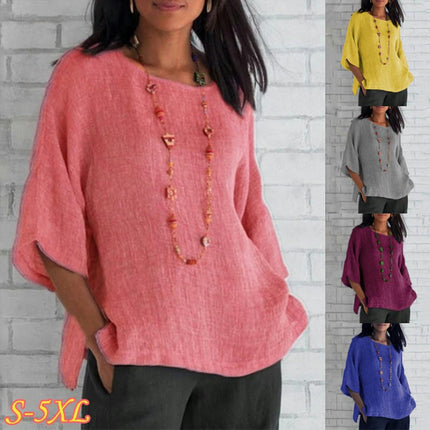 Women's Casual Cotton Linen Shirts 3/4 Sleeve Crew Neck Loose Fit T Shirts Side Split Tops