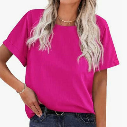 Women's Casual Cotton Linen Shirts Short Sleeve Crew Neck Loose Fit Tunic Tops
