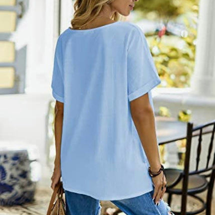 Women's Casual Cotton Linen Shirts Short Sleeve Crew Neck Loose Fit Tunic Tops