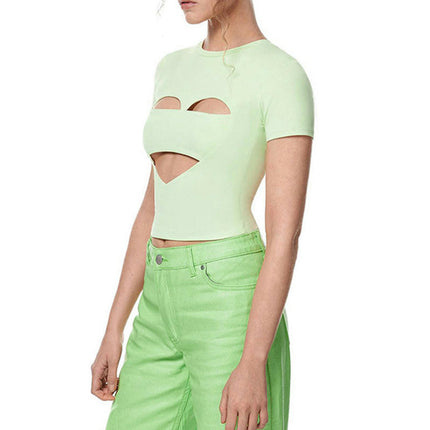 Women's Summer Cut Out Shirts Short Sleeve Round Neck Slim Fit Crop Top