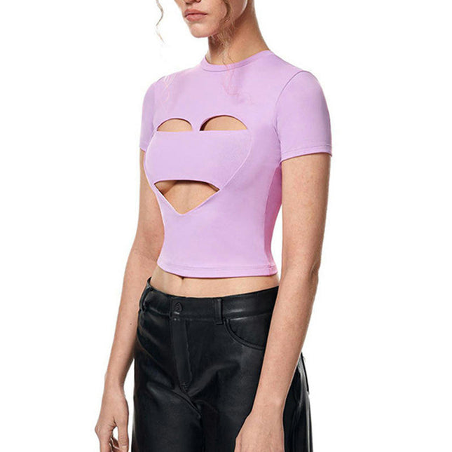 Women's Summer Cut Out Shirts Short Sleeve Round Neck Slim Fit Crop Top