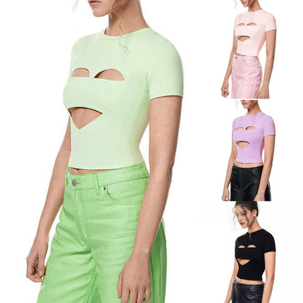 Women's Summer Cut Out Shirts Short Sleeve Round Neck Slim Fit Crop Top