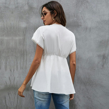 Women Summer Ruffle Short Sleeve V Neck Shirt Tunic Babydoll Tops