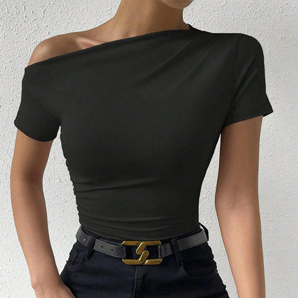 Women's Summer Ruched Slim Fit Short Sleeve Top One shoulder Casual T-Shirt