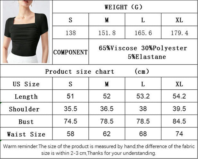 Women's Summer Square Neck Tops Short Sleeve Ruched Shirt Slim Fit Tees