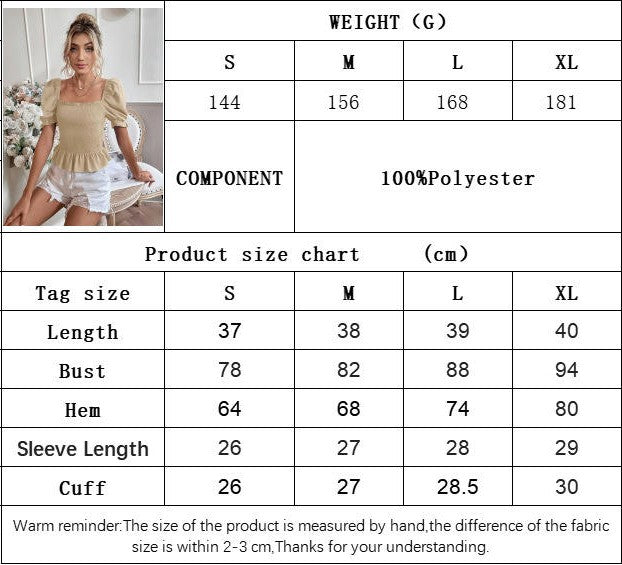 Women's Ruffle Smock Crop Top Square Neck Puff Short Sleeve Slim Fit Shirt