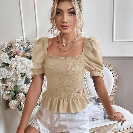 Women's Ruffle Smock Crop Top Square Neck Puff Short Sleeve Slim Fit Shirt