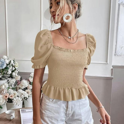 Women's Ruffle Smock Crop Top Square Neck Puff Short Sleeve Slim Fit Shirt