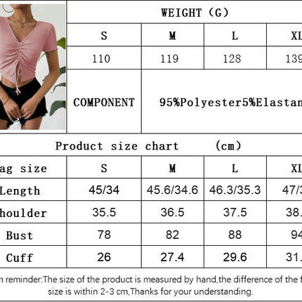 Women's Summer V Neck T-Shirt Short Sleeve Drawstring Front Crop Top