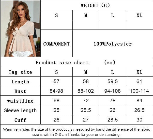 Women's Summer V Neck Tops Ruffle Hem Puff Short Sleeve Casual Shirts